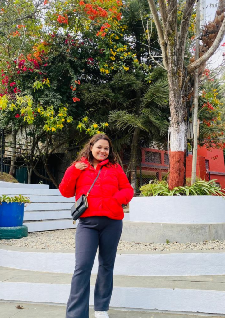 sushma khatri in red jacket